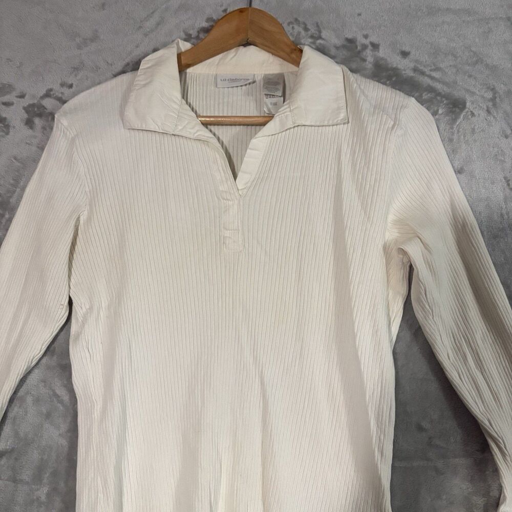 Liz Claiborne Lizsport Ribbed Knit Henley L White Collared Top Y2K Preppy Luxury